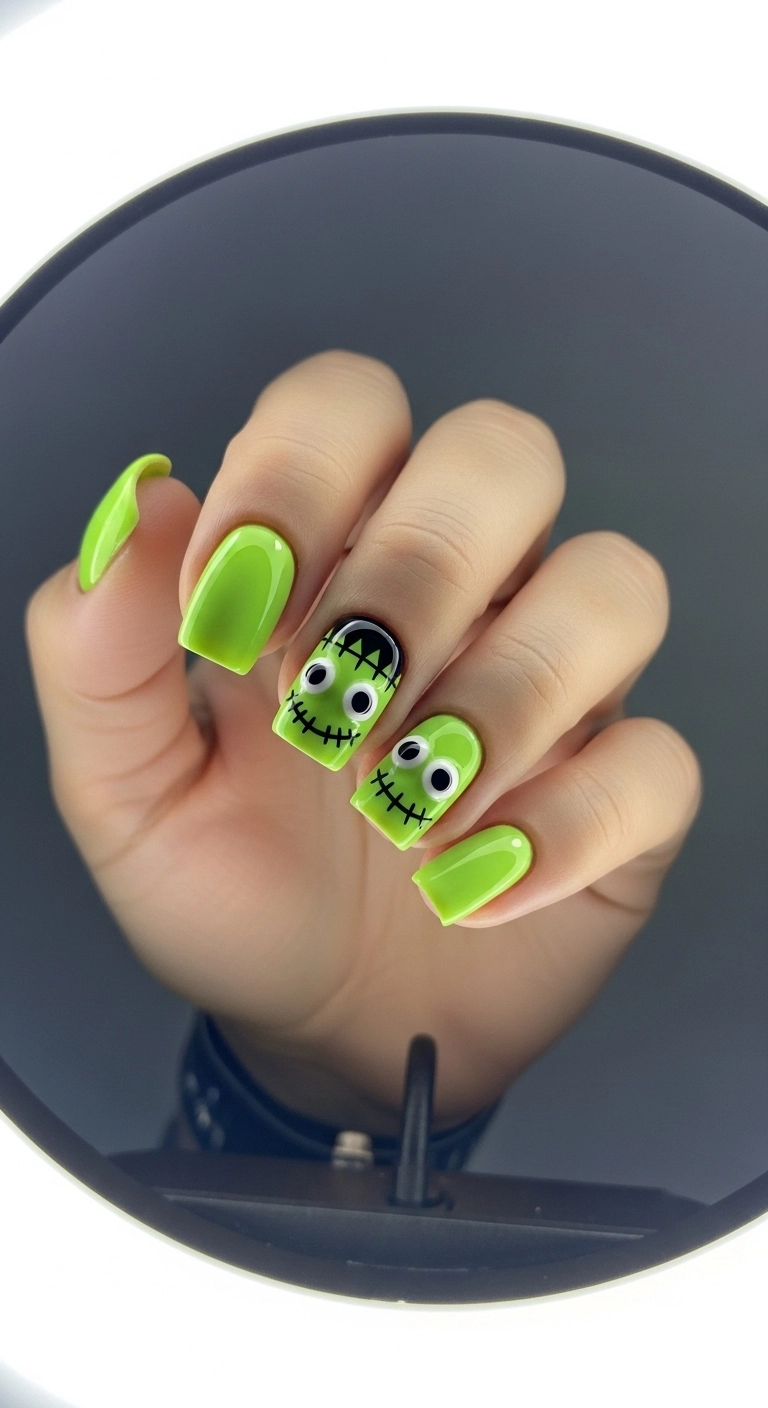 Short square nails painted lime green with a friendly Frankenstein's monster face on one accent nail.