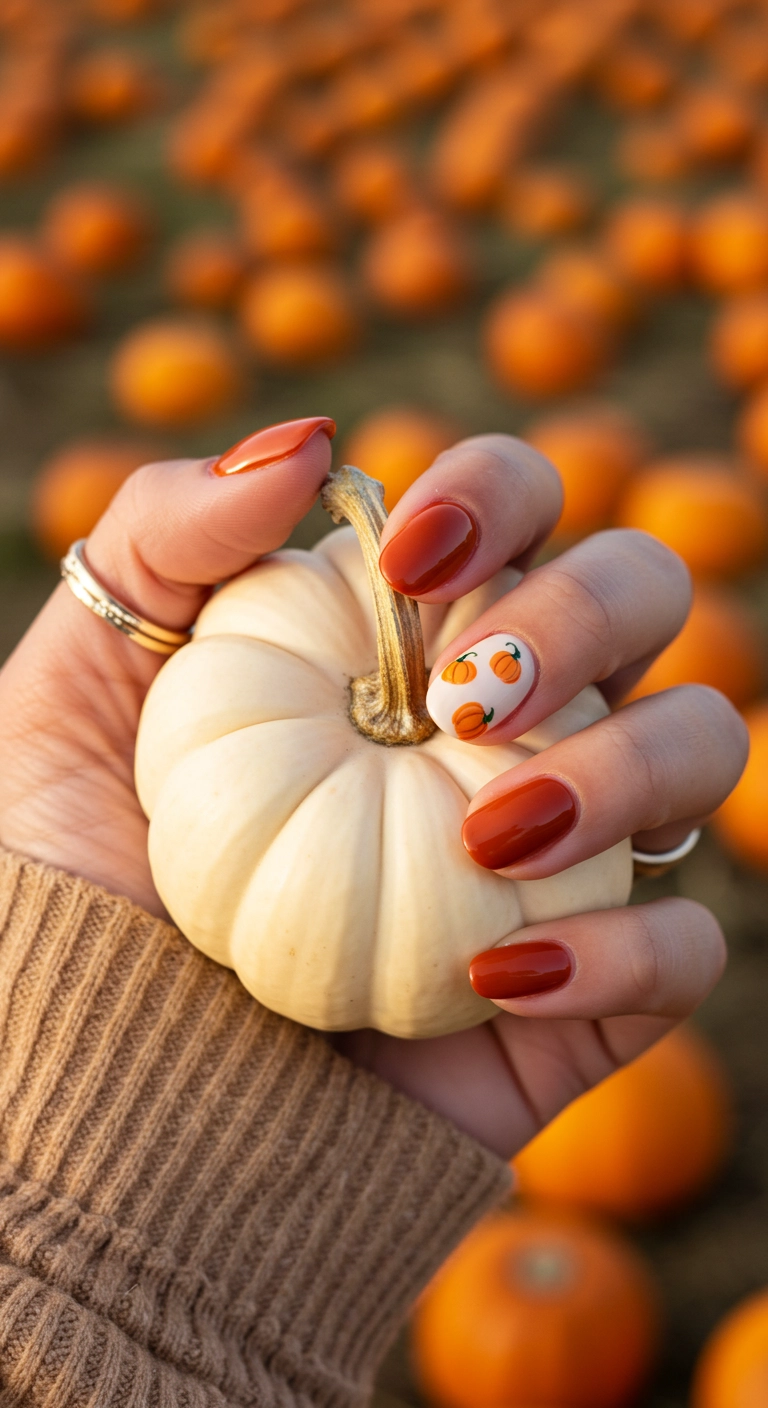 A hand with burnt orange nails holding a pumpkin, featuring a white accent nail with tiny painted pumpkins.