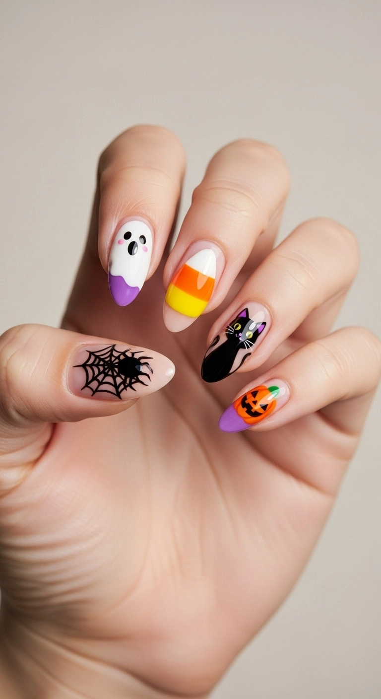 A hand with almond nails, where each nail is painted with a different cute Halloween icon like a ghost, cat, and pumpkin.