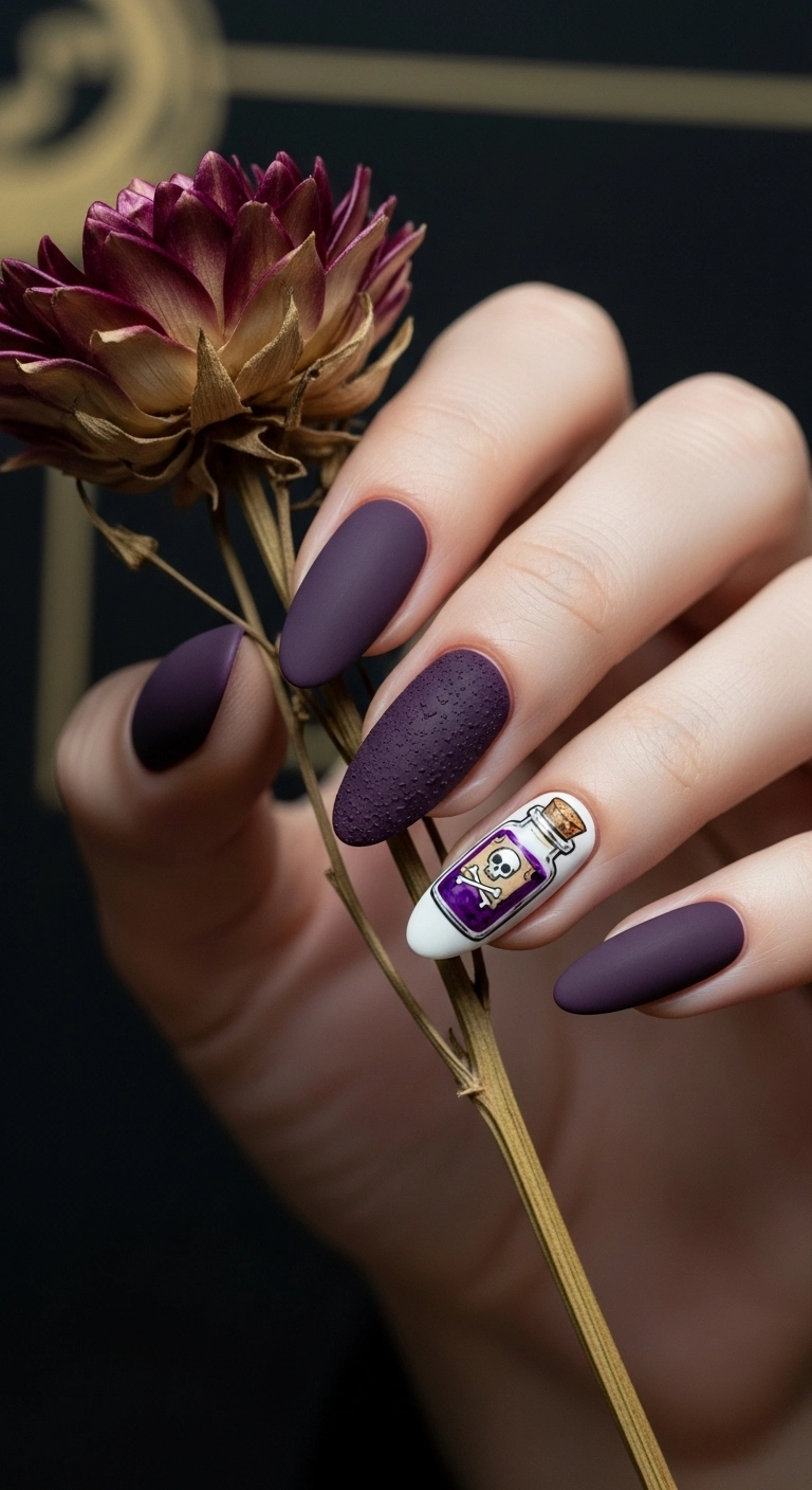 Almond nails with a matte deep purple finish, featuring an accent nail designed to look like a potion bottle.