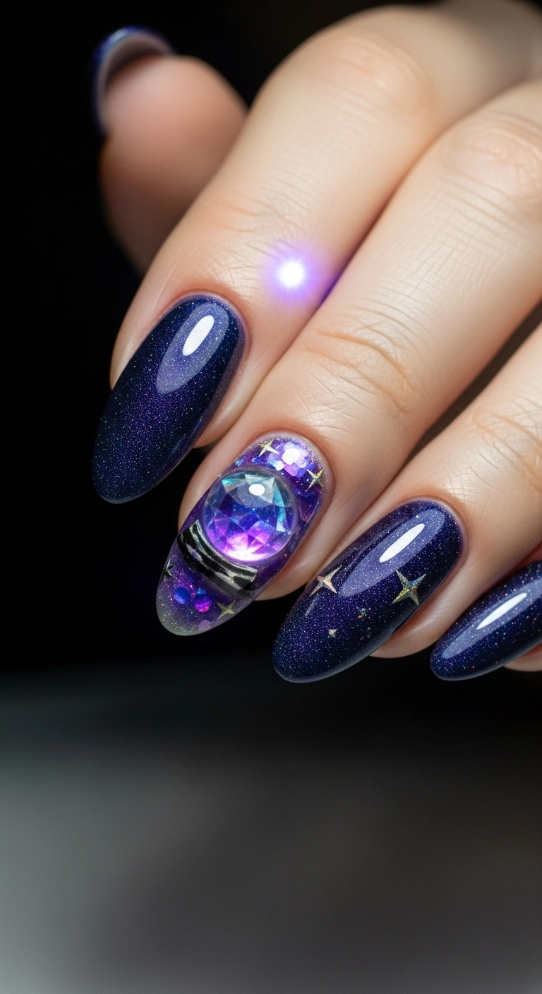 Long oval nails with a shimmery indigo base, with an accent nail featuring a 3D crystal ball design.