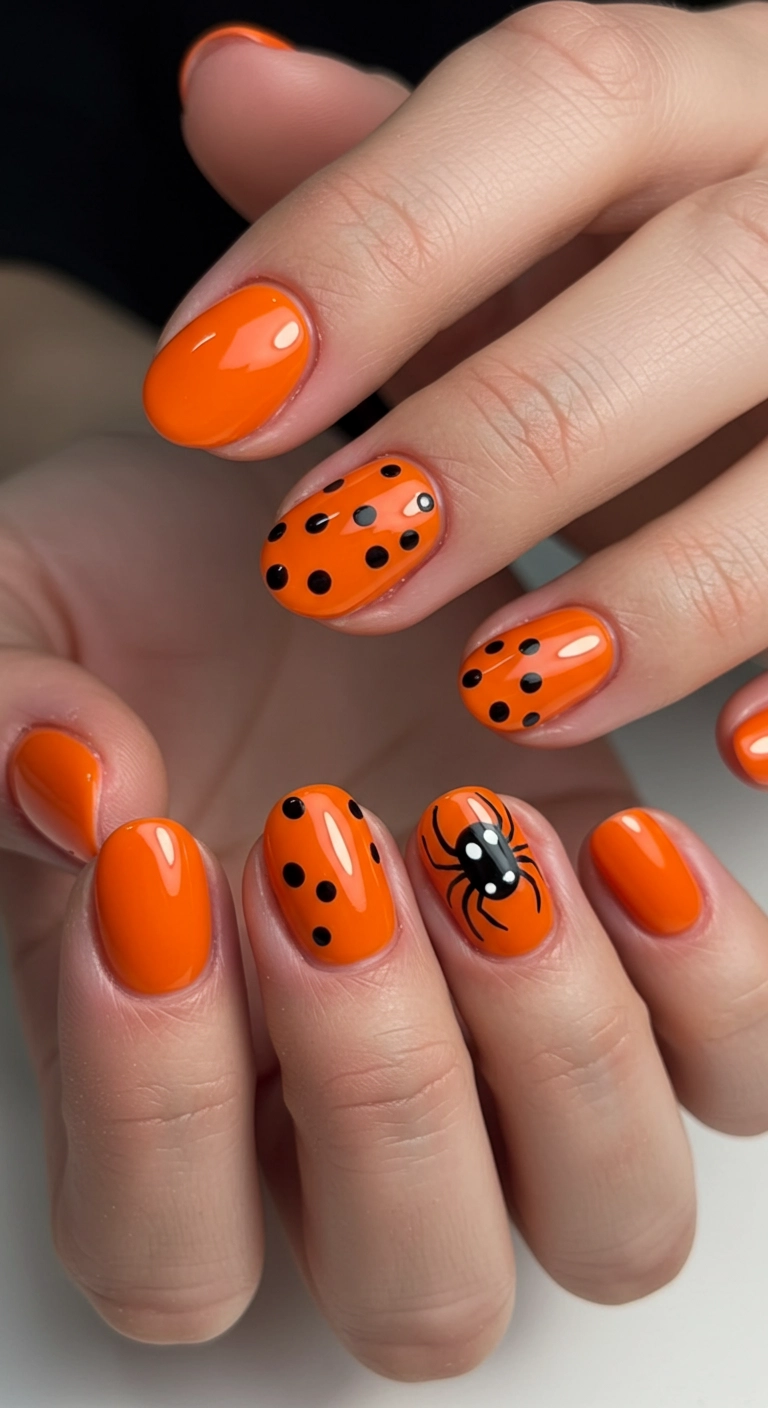Bright orange nails with black polka dots, featuring an accent nail with a cute spider made of polka dots.