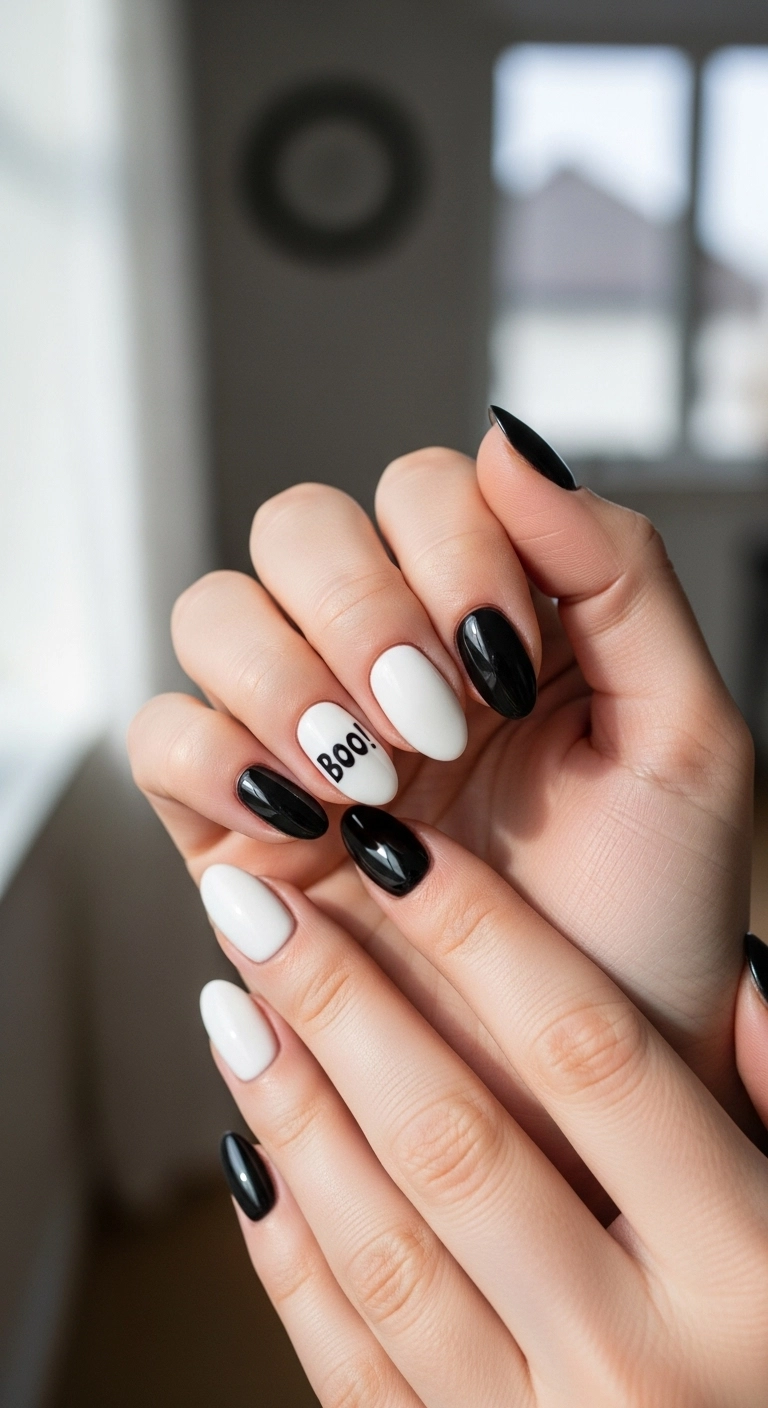 Oval nails with a black and white theme, with one white nail featuring the word