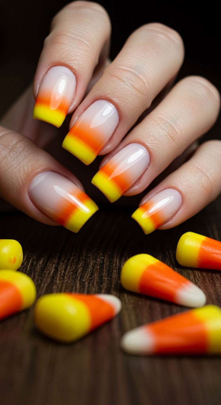 A hand with square nails featuring a smooth candy corn ombré gradient from white to orange to yellow.