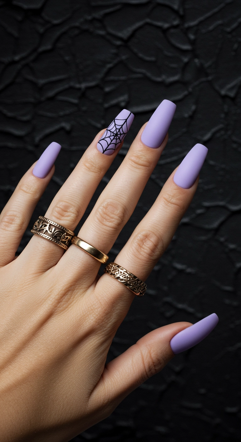Long coffin nails with a matte pastel lavender base and delicate black spiderweb art on two accent nails.