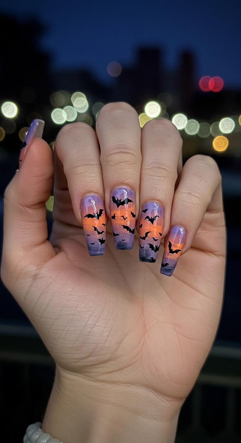 Coffin nails with a twilight sky gradient and tiny black bat silhouettes flying across them.