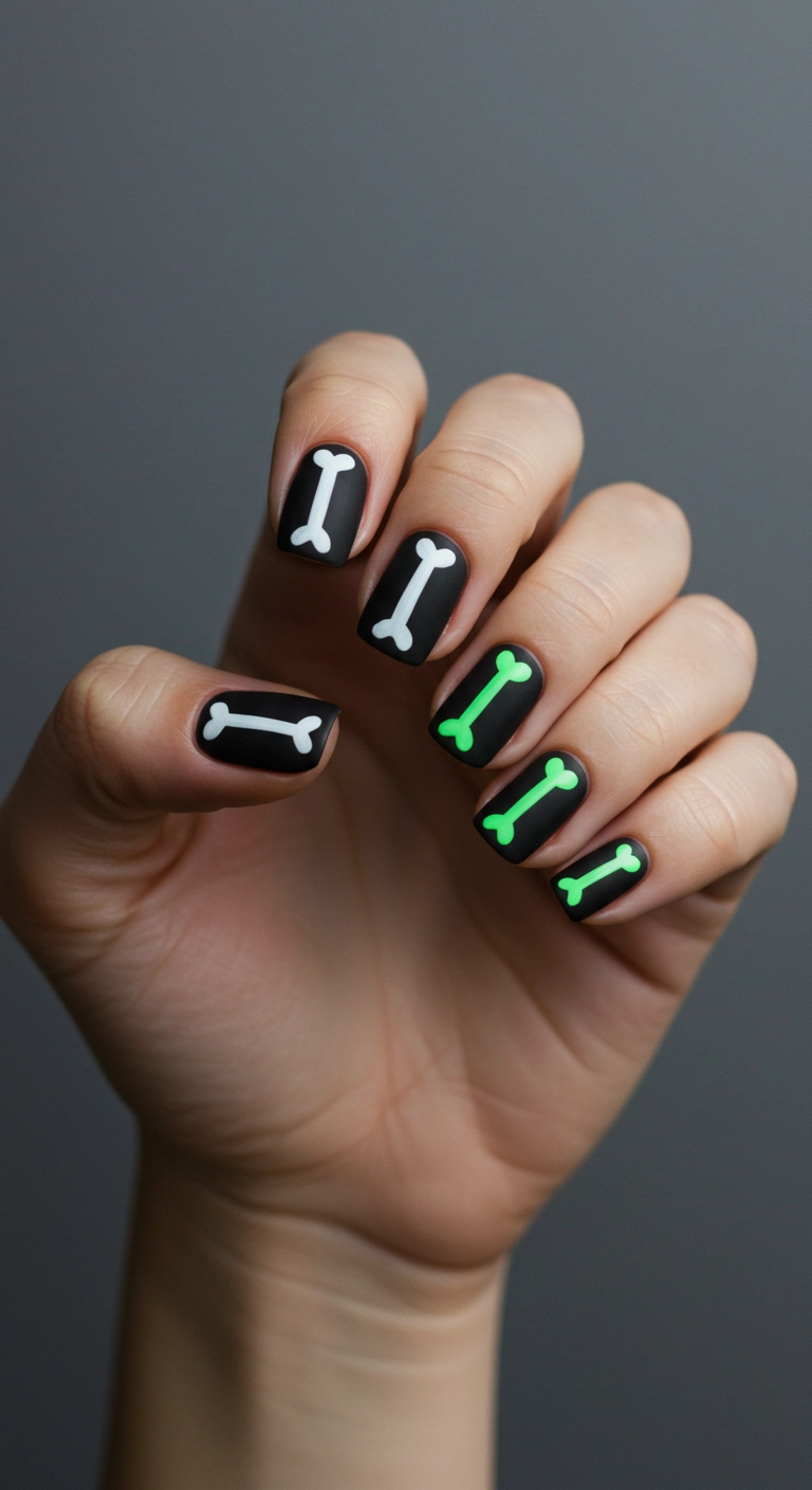 A composite image showing black nails with white skeleton bones that glow green in the dark.