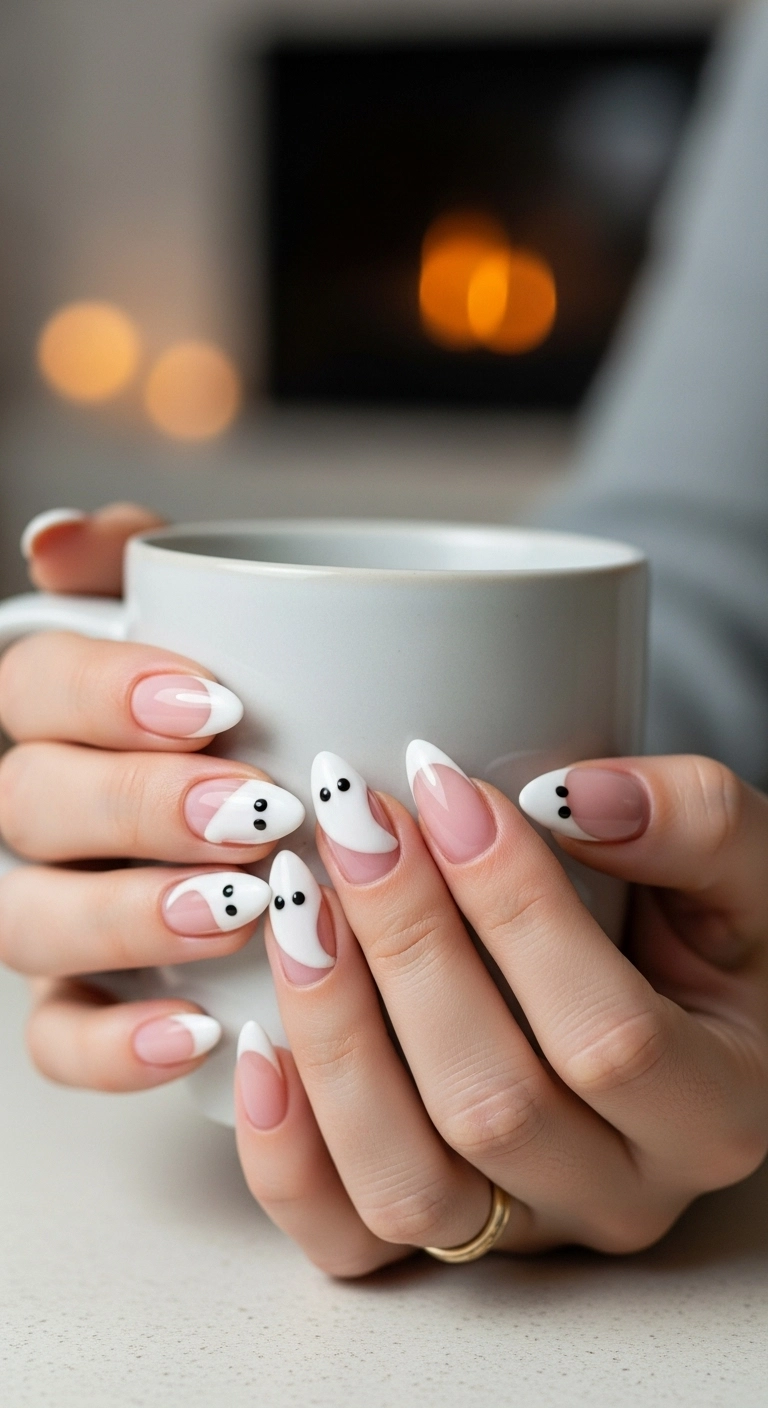 Close-up of almond-shaped nails with a ghostly French tip design where the white tips are shaped like cute ghosts.