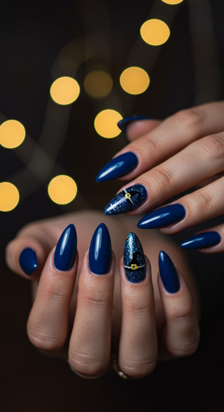Stiletto nails in midnight blue with an accent nail featuring a cute witch hat with a silver glitter band.