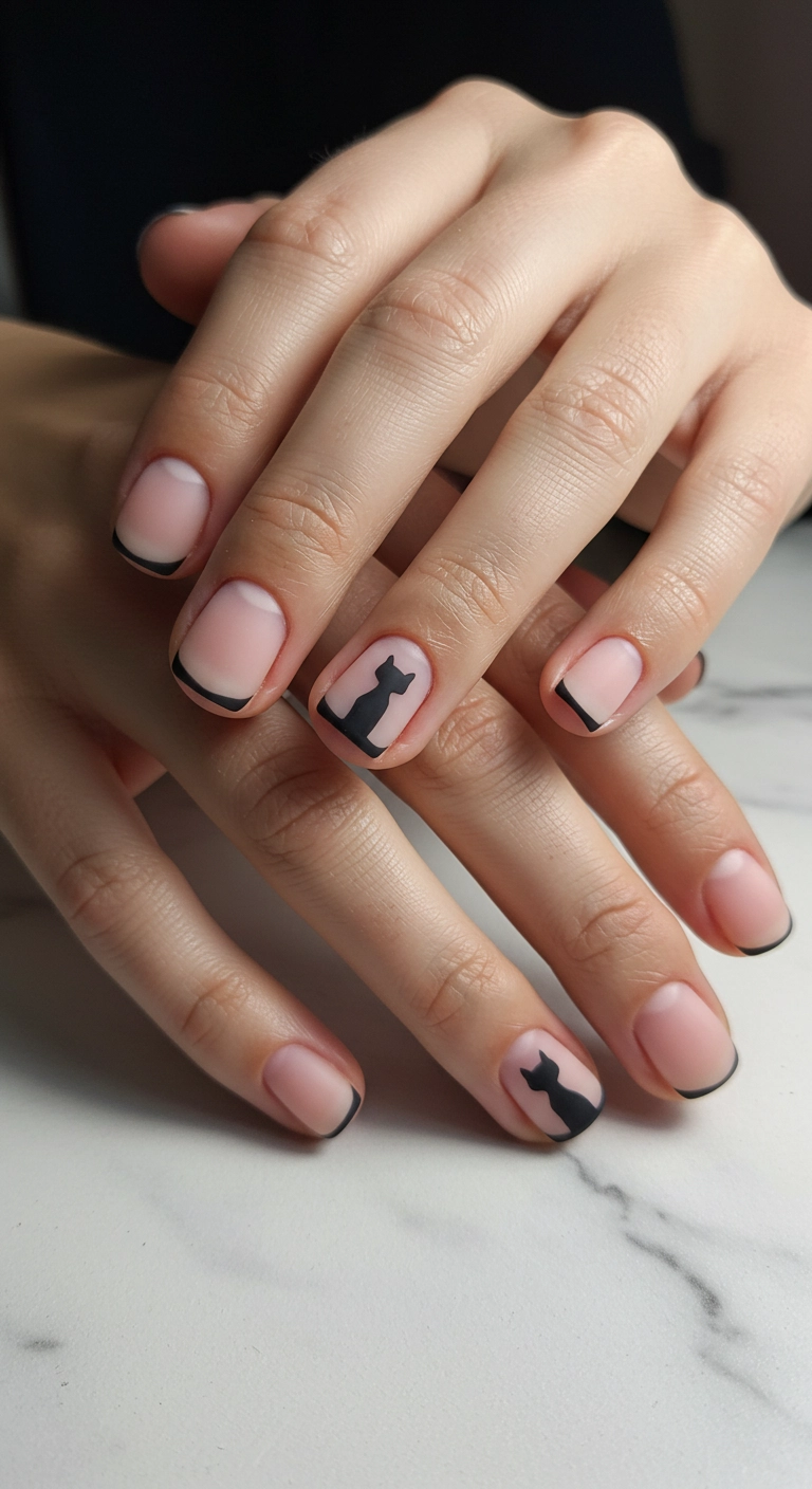 Short, rounded nails with a sheer nude base and a minimalist tiny black cat silhouette on one accent nail.