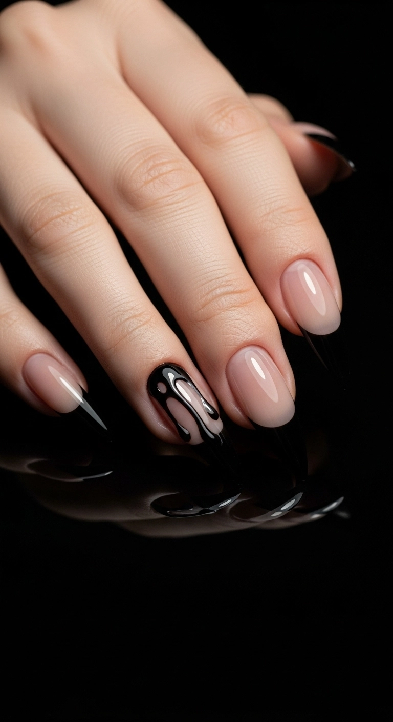 Stiletto nails with a nude base and a glossy black drip effect coming down from the cuticles.