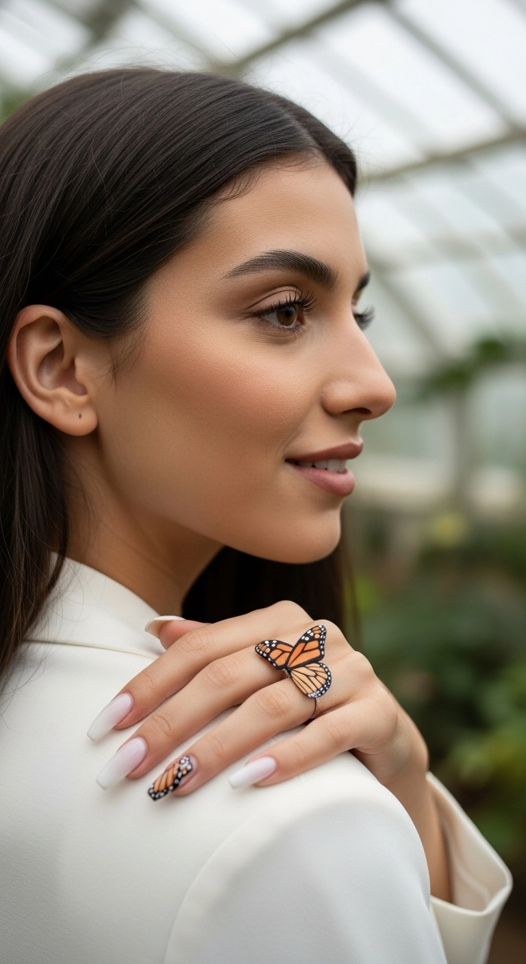 Long, coffin-shaped nails with a milky white base, featuring delicate butterfly wing art on two accent nails.