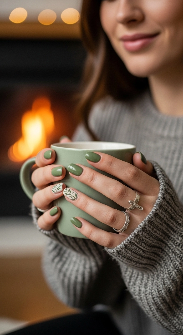 A woman's hands with short, rounded nails painted sage green, with a white accent nail featuring green vine art.