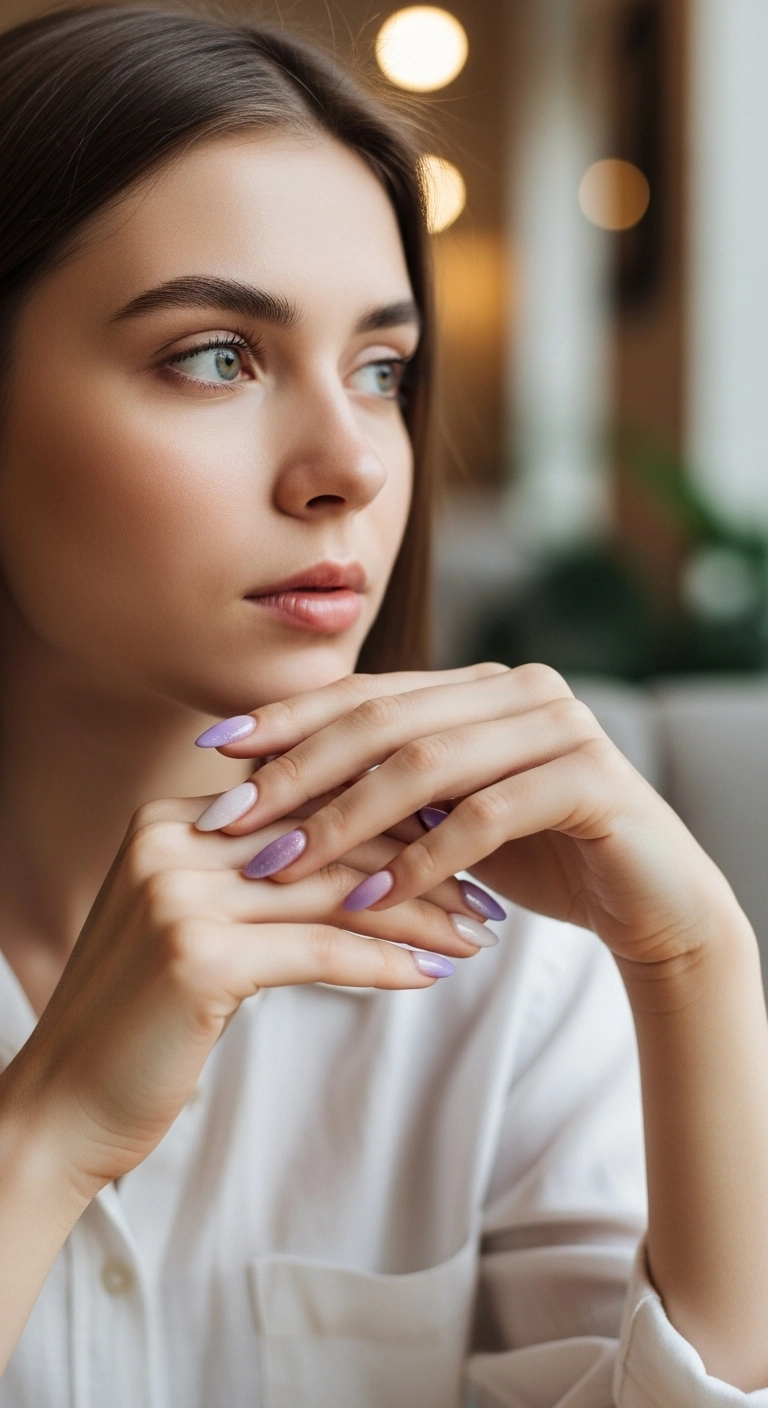 A woman showcasing her oval-shaped lavender ombré nails that fade from milky white to soft purple.