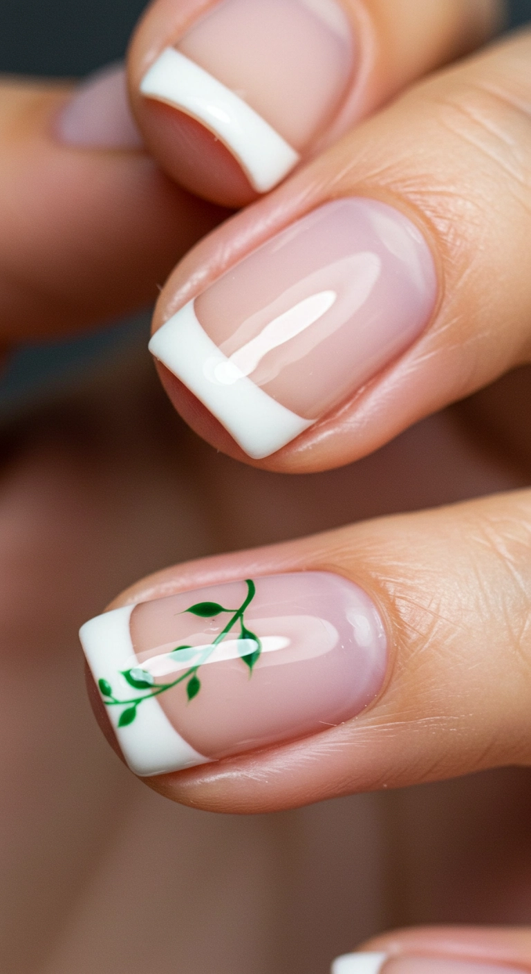 A micro-French manicure on short nails, with a tiny green stem and leaves painted on the accent finger.