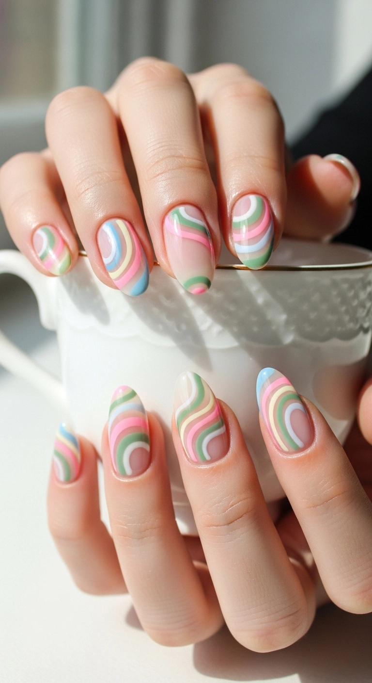 A macro shot of squoval nails with a nude base and delicate swirls of pastel pink, blue, and green.