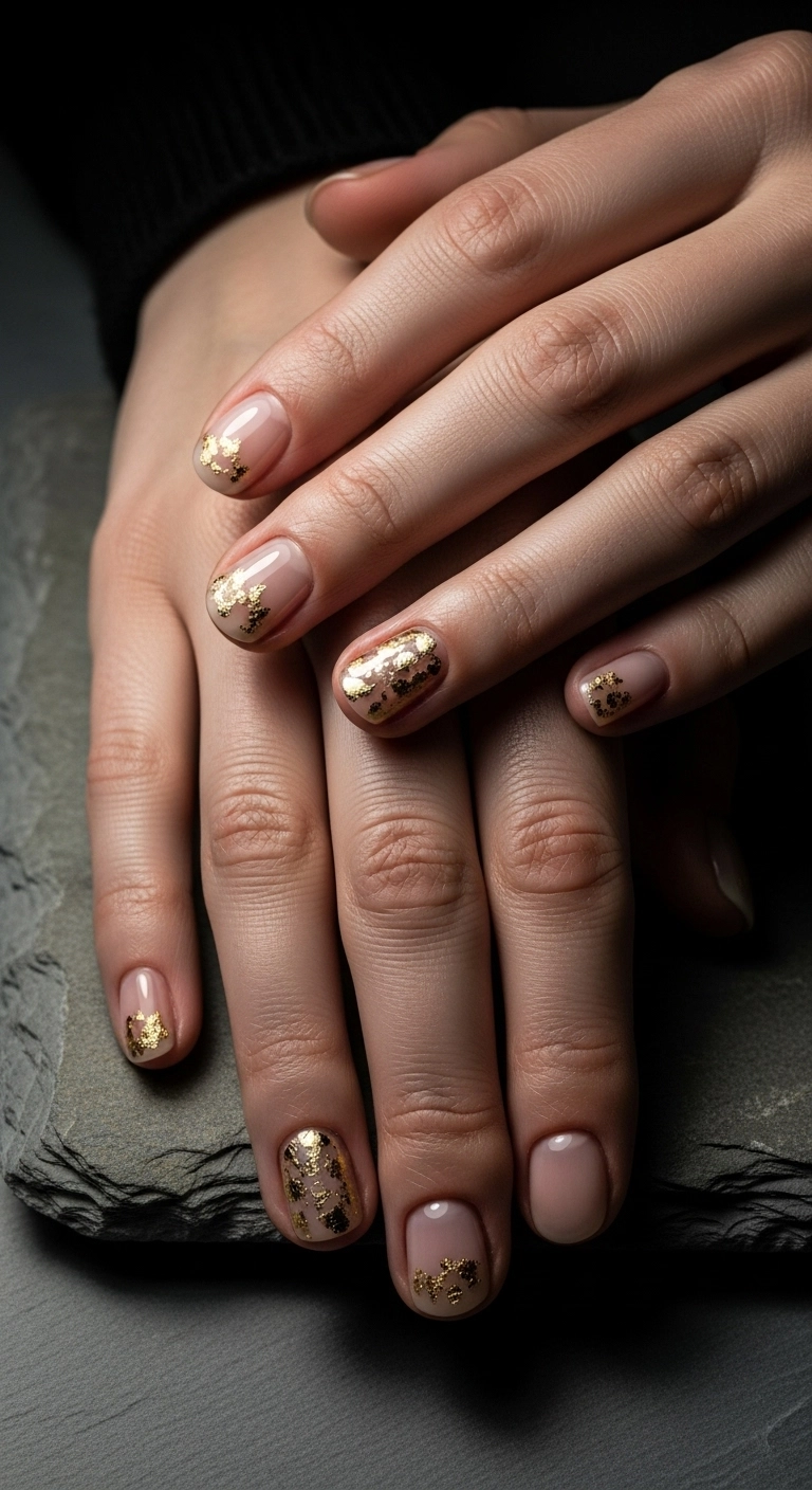 Short, natural nails with a clear coat, featuring delicate gold leaf flakes on the accent nails.