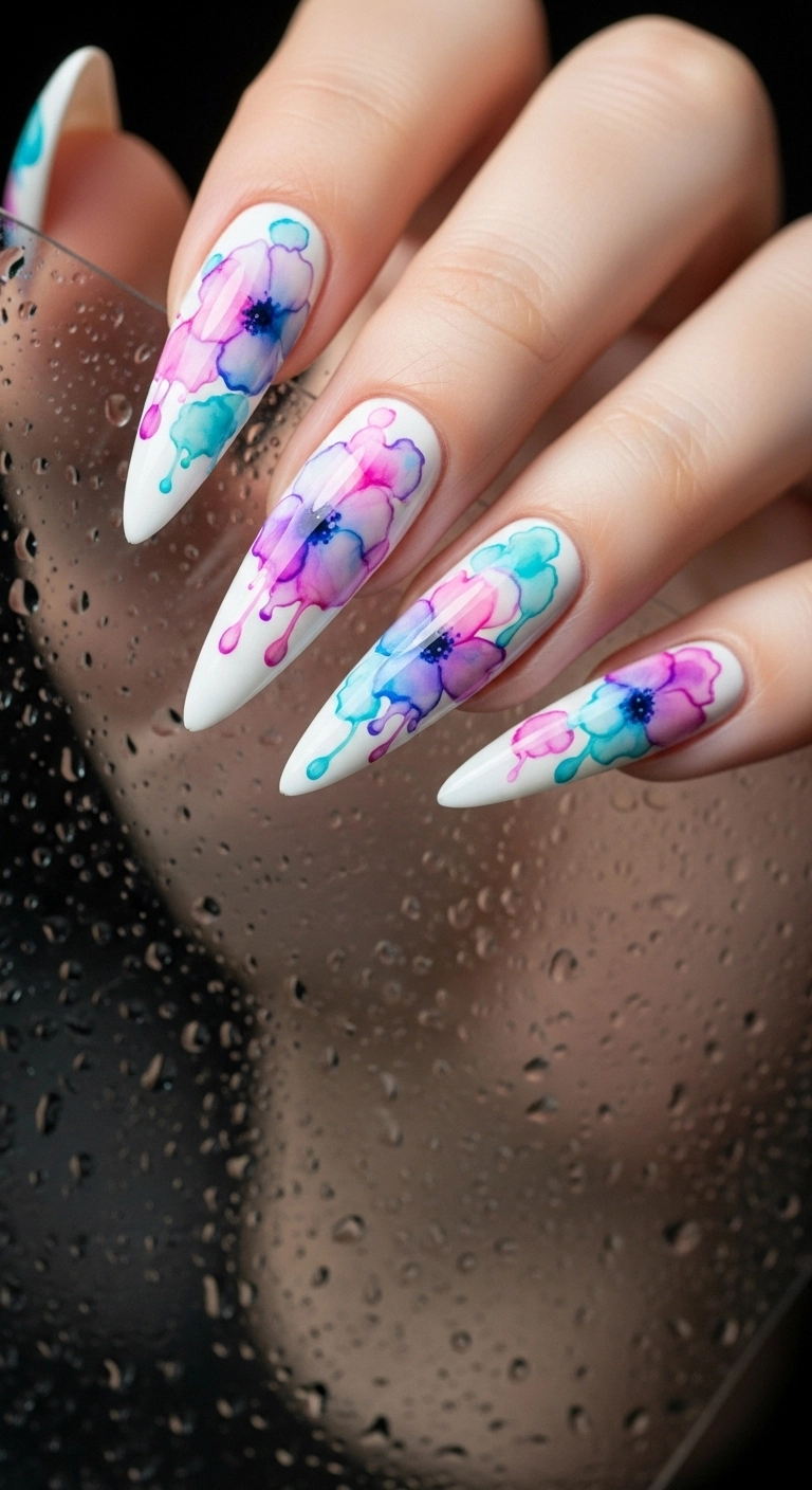Stiletto nails with a white base and a soft, blended watercolor design in pink, purple, and blue.