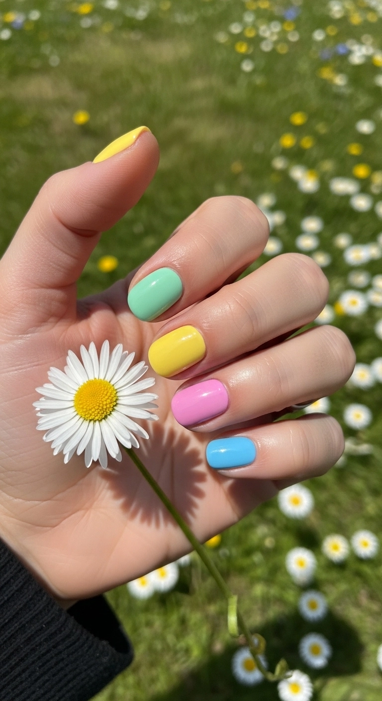 A hand with short, rounded nails, with each nail painted a different solid pastel color.