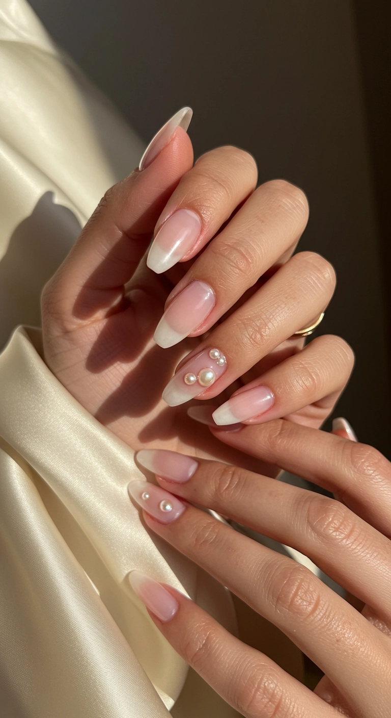 Sheer pink almond-shaped nails, each decorated with a single tiny pearl at the base.