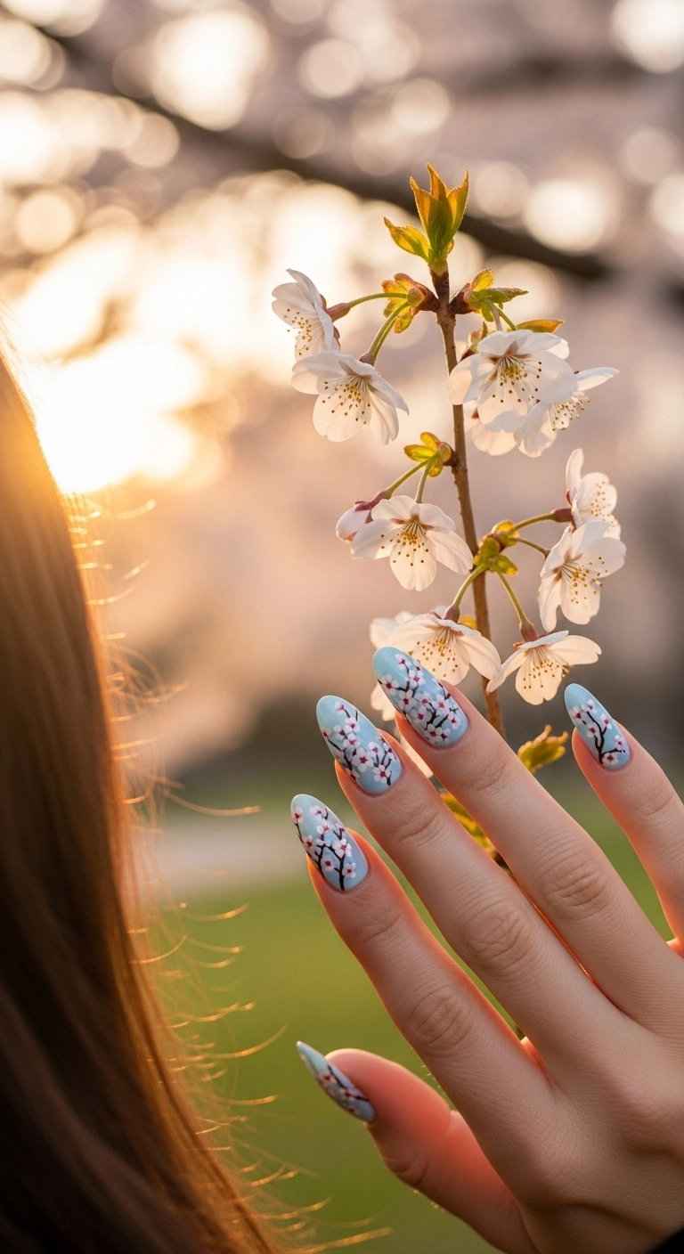 Almond-shaped nails with a pale blue base and delicate, hand-painted cherry blossom branches across them.