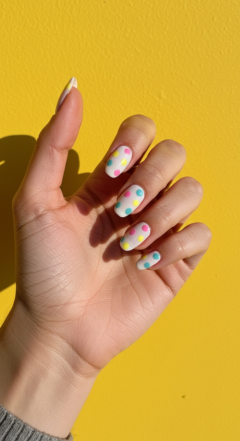 Short, white nails covered in fun, multi-colored pastel polka dots.