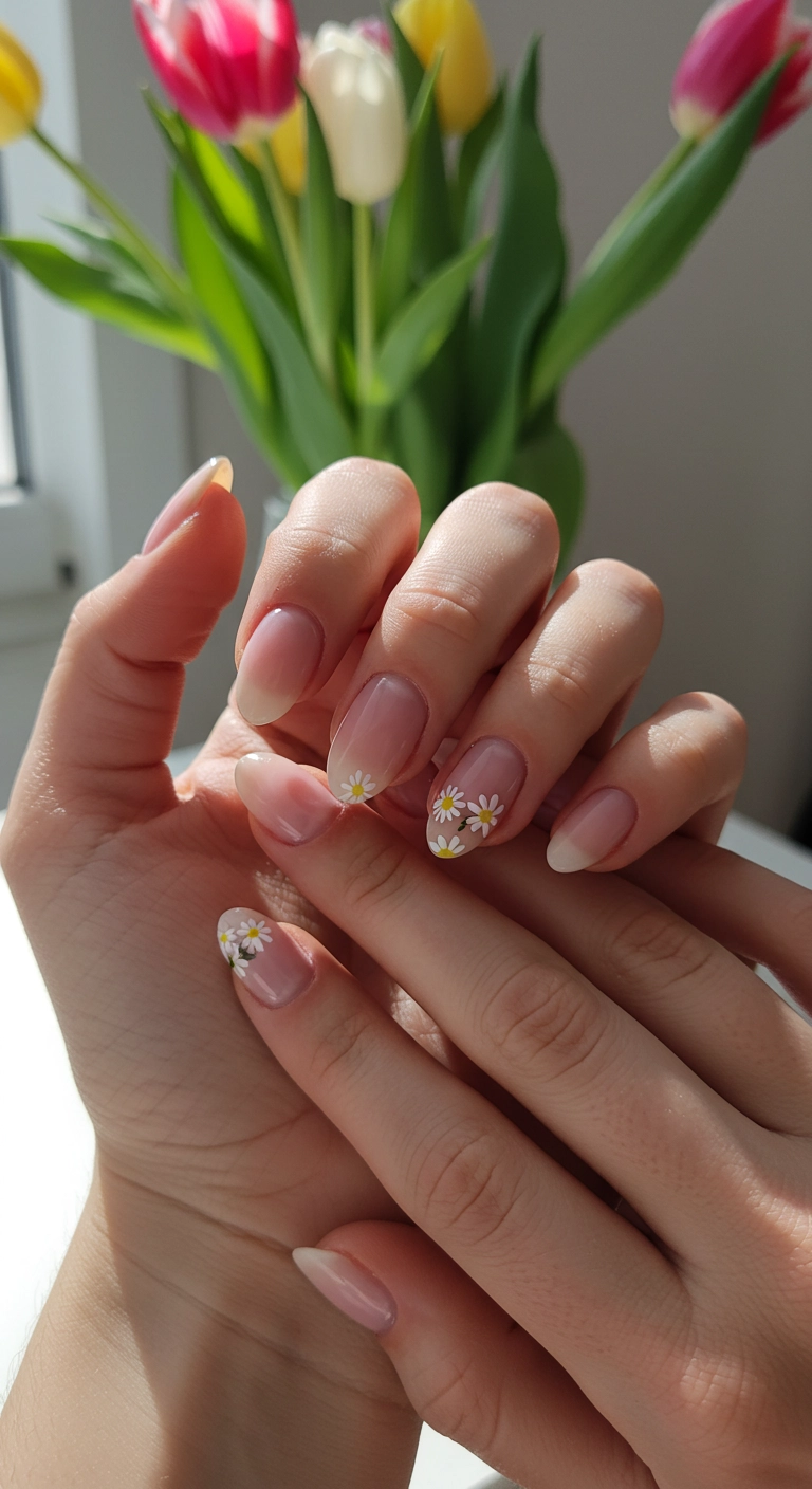 A close-up of almond-shaped nails with a sheer pink base and tiny, hand-painted daisies on the accent fingers.