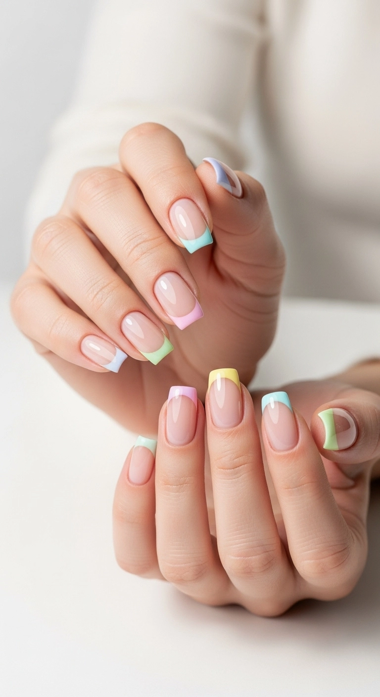 A modern French manicure with short, square nails, each tip painted a different pastel shade.