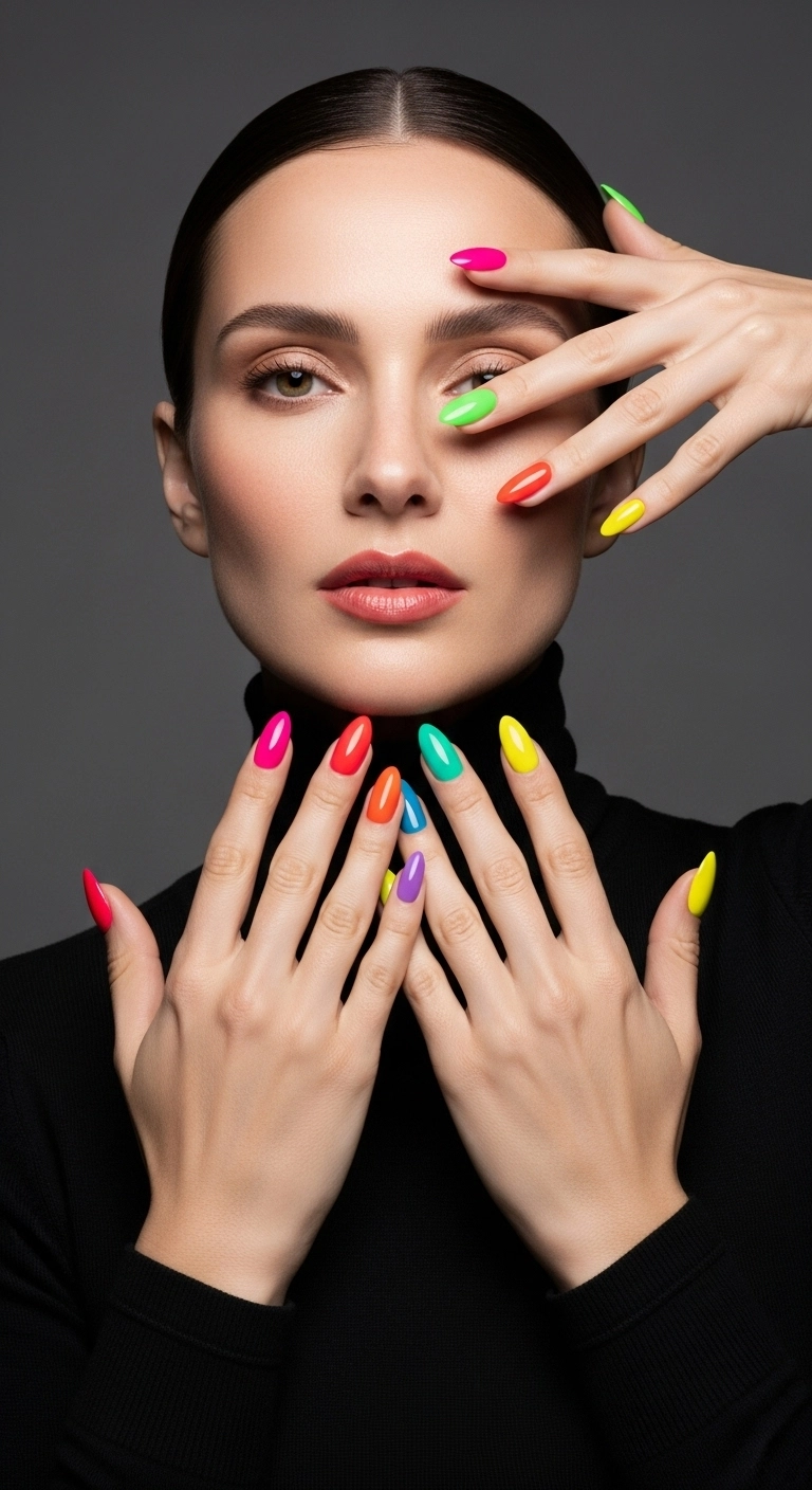 A woman's hands with almond-shaped nails, each painted a different solid, vibrant neon color.