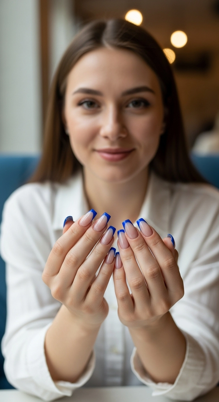 A woman's hands showcasing coffin-shaped nails with a modern French manicure featuring cobalt blue tips.
