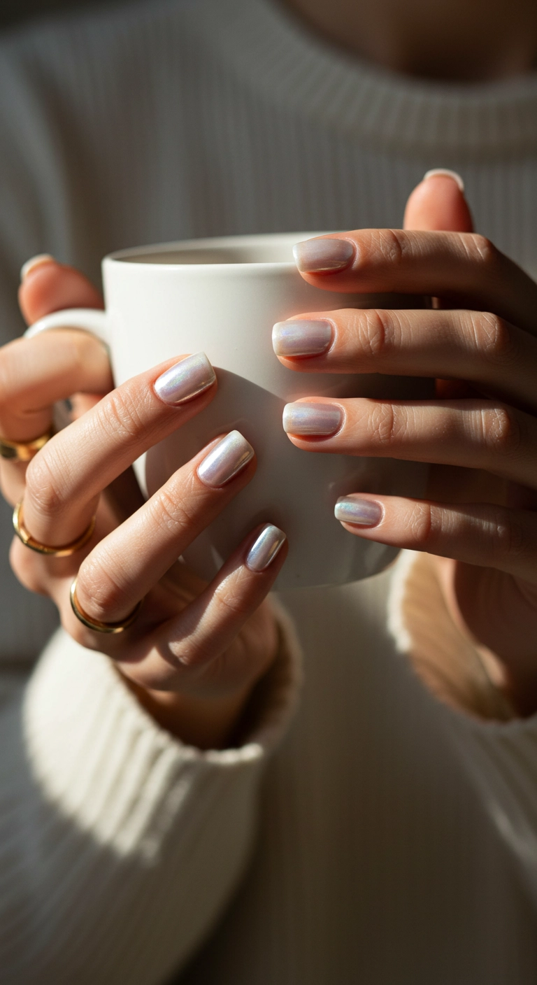 A close-up of short, natural nails with a sheer milky white base and an iridescent chrome finish, creating a glazed effect.