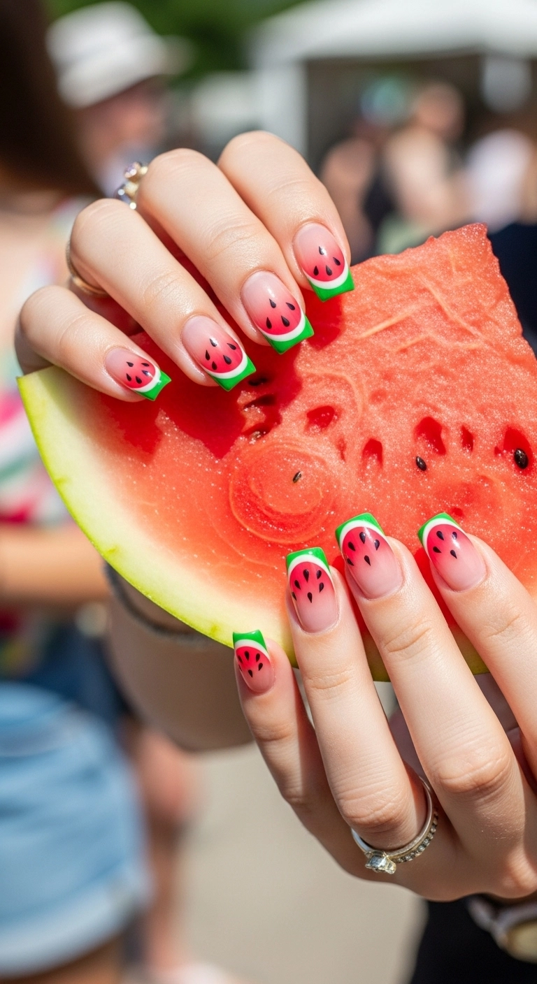 Square nails painted to look like slices of watermelon, with one hand holding an actual slice of watermelon.