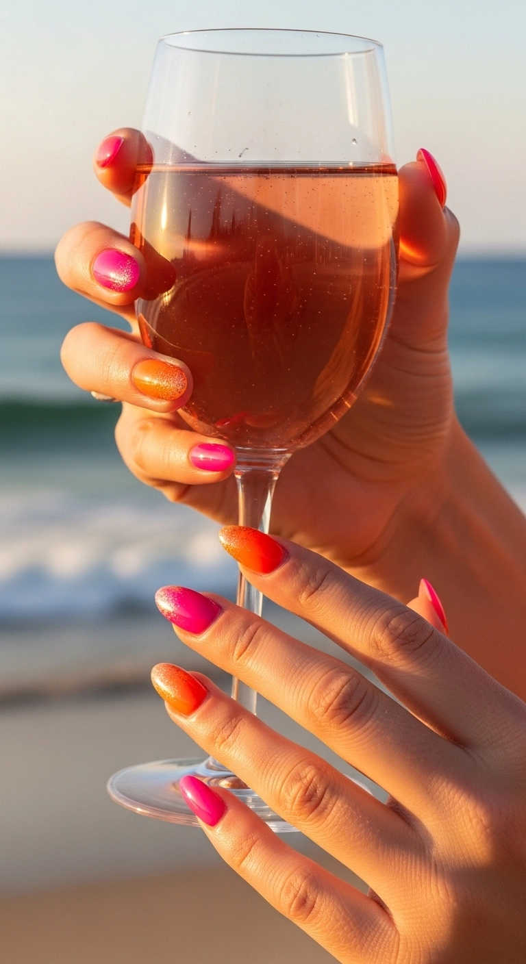 A close-up of almond-shaped nails with a vibrant orange-to-pink sunset ombré design, set against a blurry beach sunset.