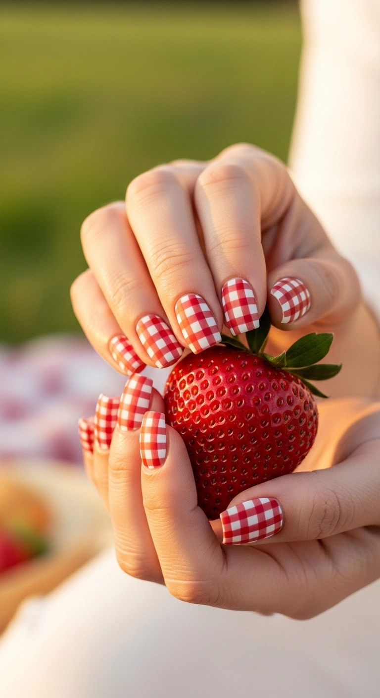 A close-up of short square nails with a matte red and white gingham pattern, holding a strawberry.