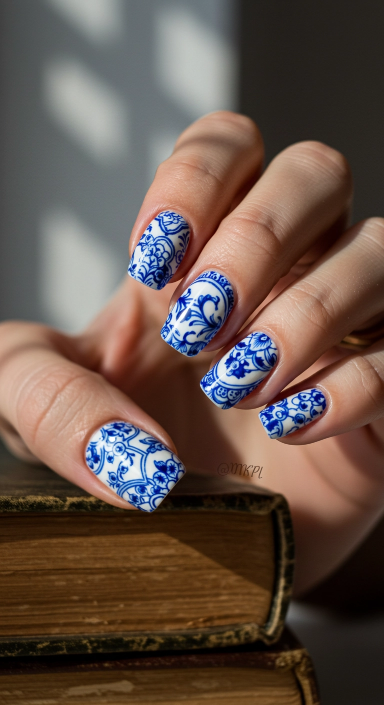 A close-up of short nails with an intricate blue and white porcelain-inspired floral pattern.