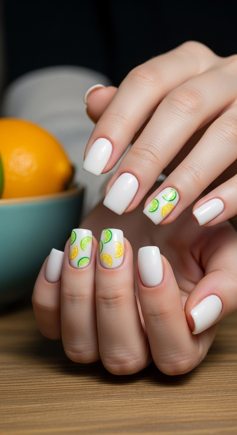 Macro shot of short square nails with a milky white base and tiny, detailed paintings of lemon and lime slices.