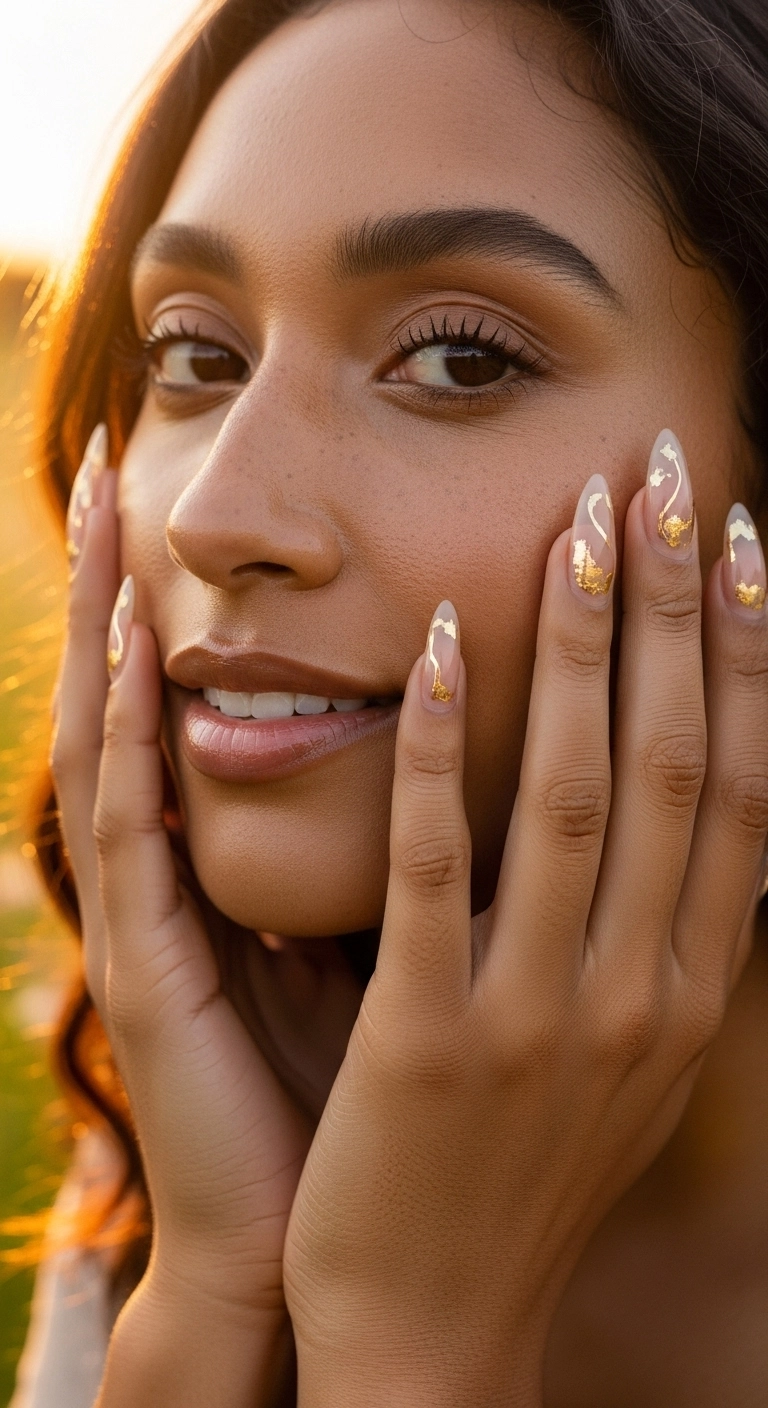 A woman showcasing her almond nails which have a sheer nude base and delicate gold foil accents near the cuticles.