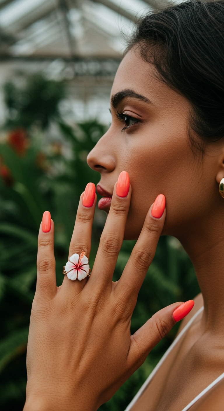Almond nails with a coral-pink base and a detailed white hibiscus flower accent on the ring finger.