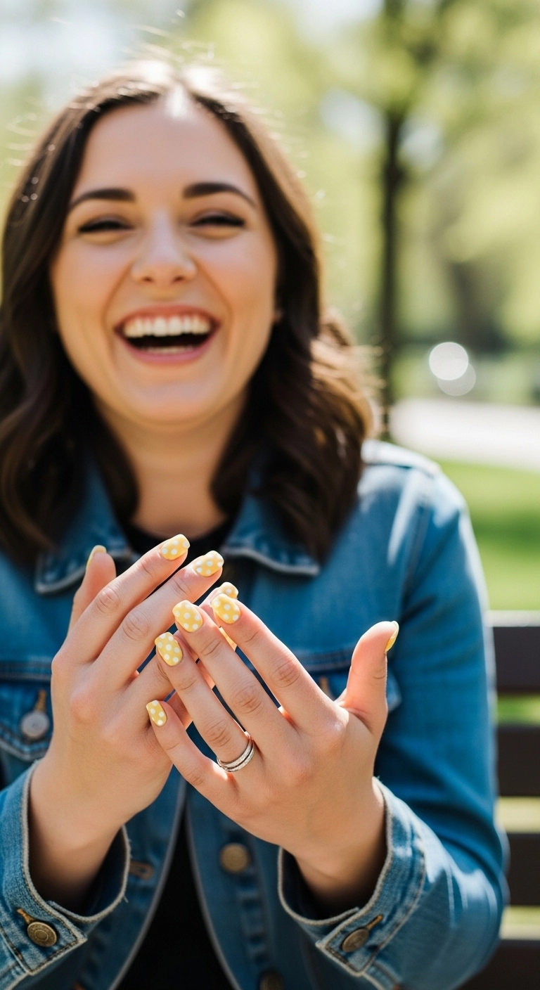 A woman's hands with short, rounded nails painted pastel yellow with white polka dots.