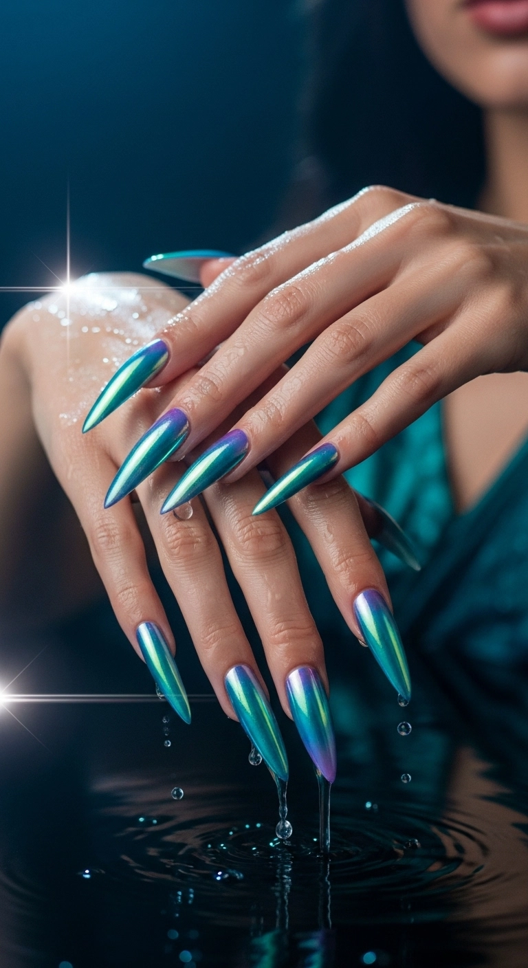 Stiletto nails with an iridescent chrome finish shifting between blue, green, and purple, looking like a mermaid tail.