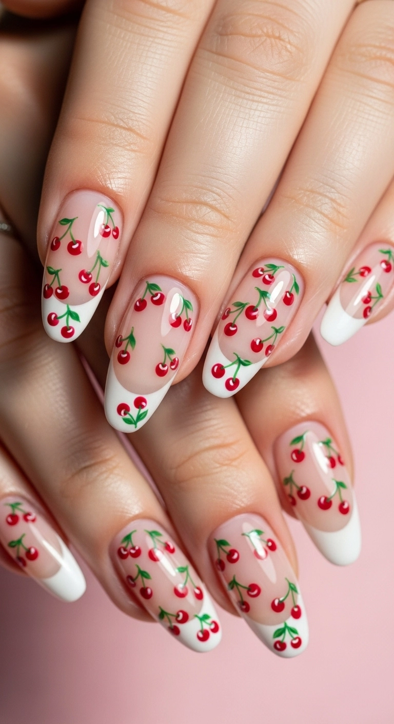 A macro shot of long oval nails with a French manicure base and tiny, detailed hand-painted cherries.