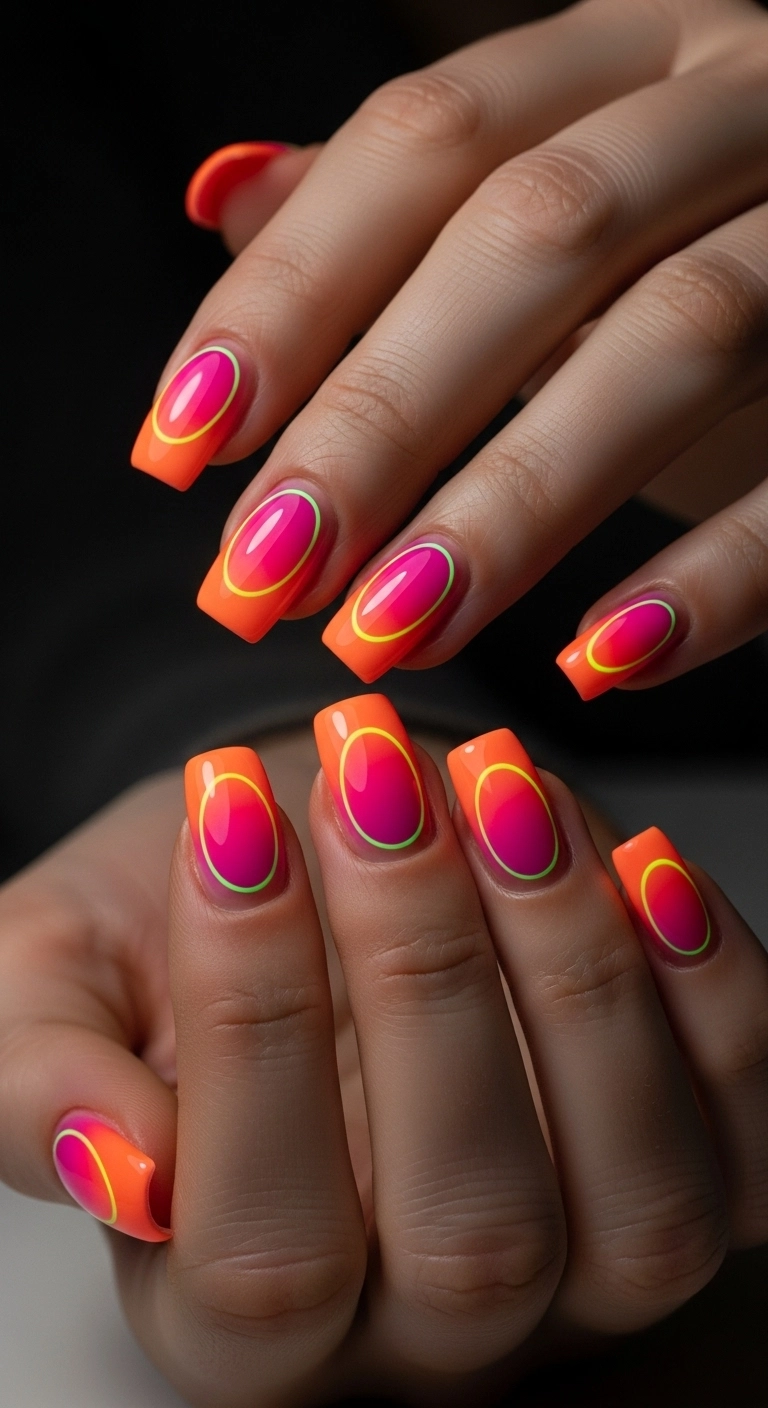 A close-up of square nails with a glowing neon pink and orange aura design against a dark background.