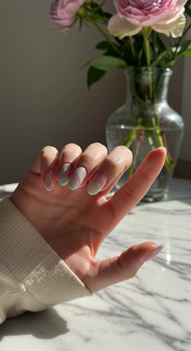 Elegant oval nails with a sheer nude base and delicate pastel swirls in pink, lavender, and mint green.