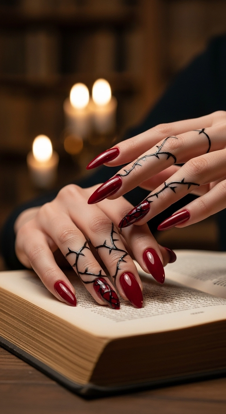 A close-up of stiletto nails painted deep crimson with black thorny vine art.