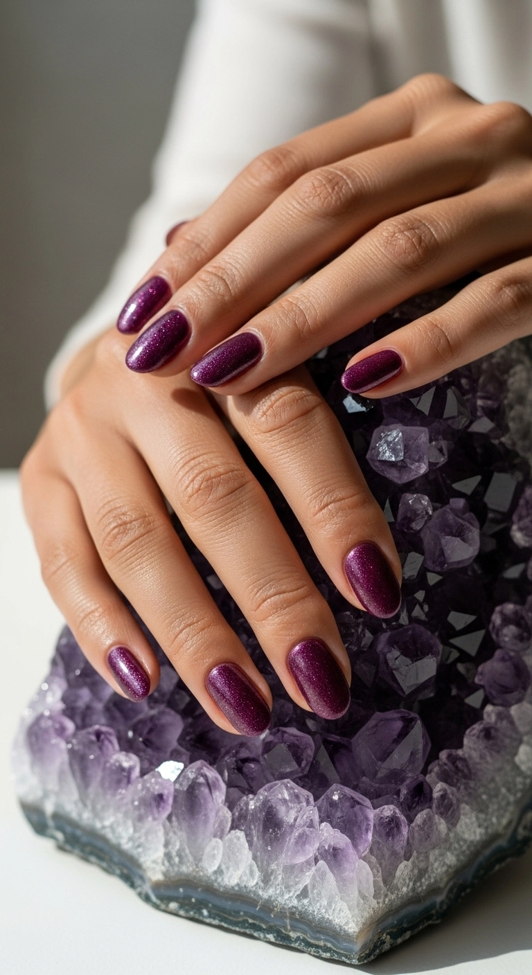 A woman's hands showing off deep amethyst purple shimmer nails while resting on a crystal.