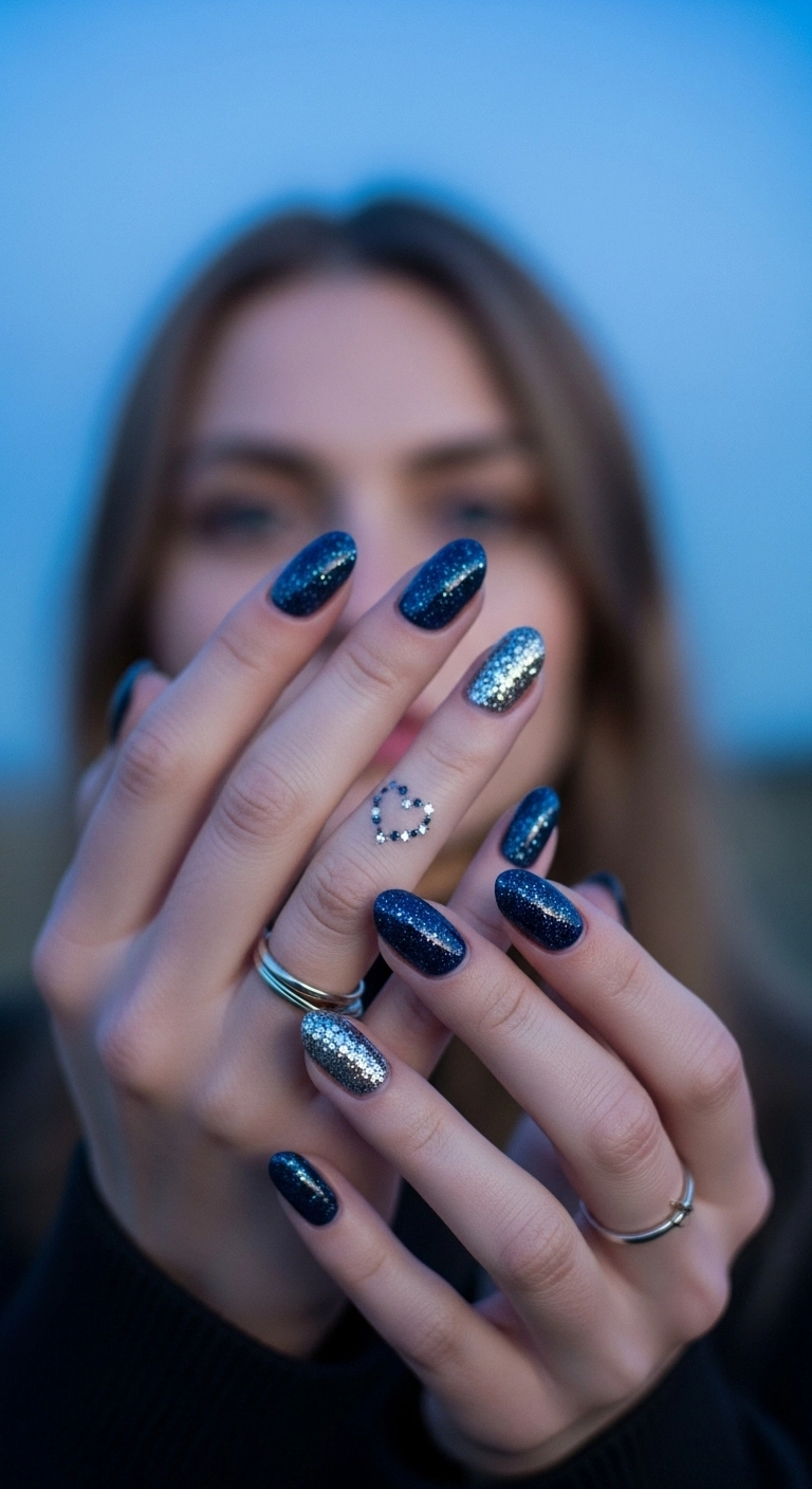 Hands with deep navy blue glitter nails, featuring a subtle heart-shaped constellation on the ring finger.