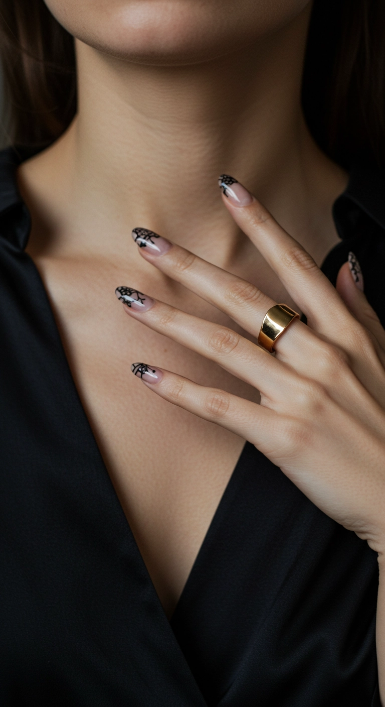 A woman's hand showcasing oval nails with a nude base and detailed black lace nail art.