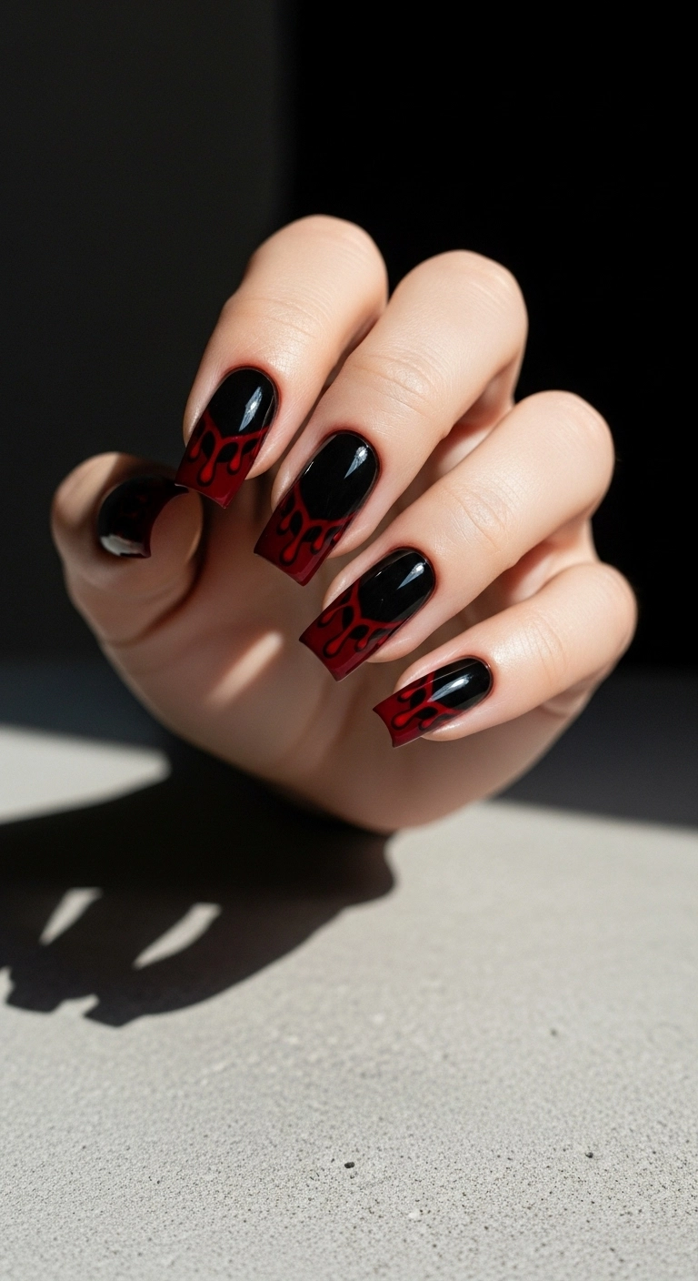 Short square nails with a black base and a glossy red dripping effect from the tips.