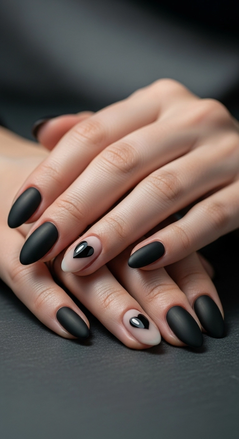 Woman's hands with matte black almond-shaped nails and a glossy black heart accent nail.