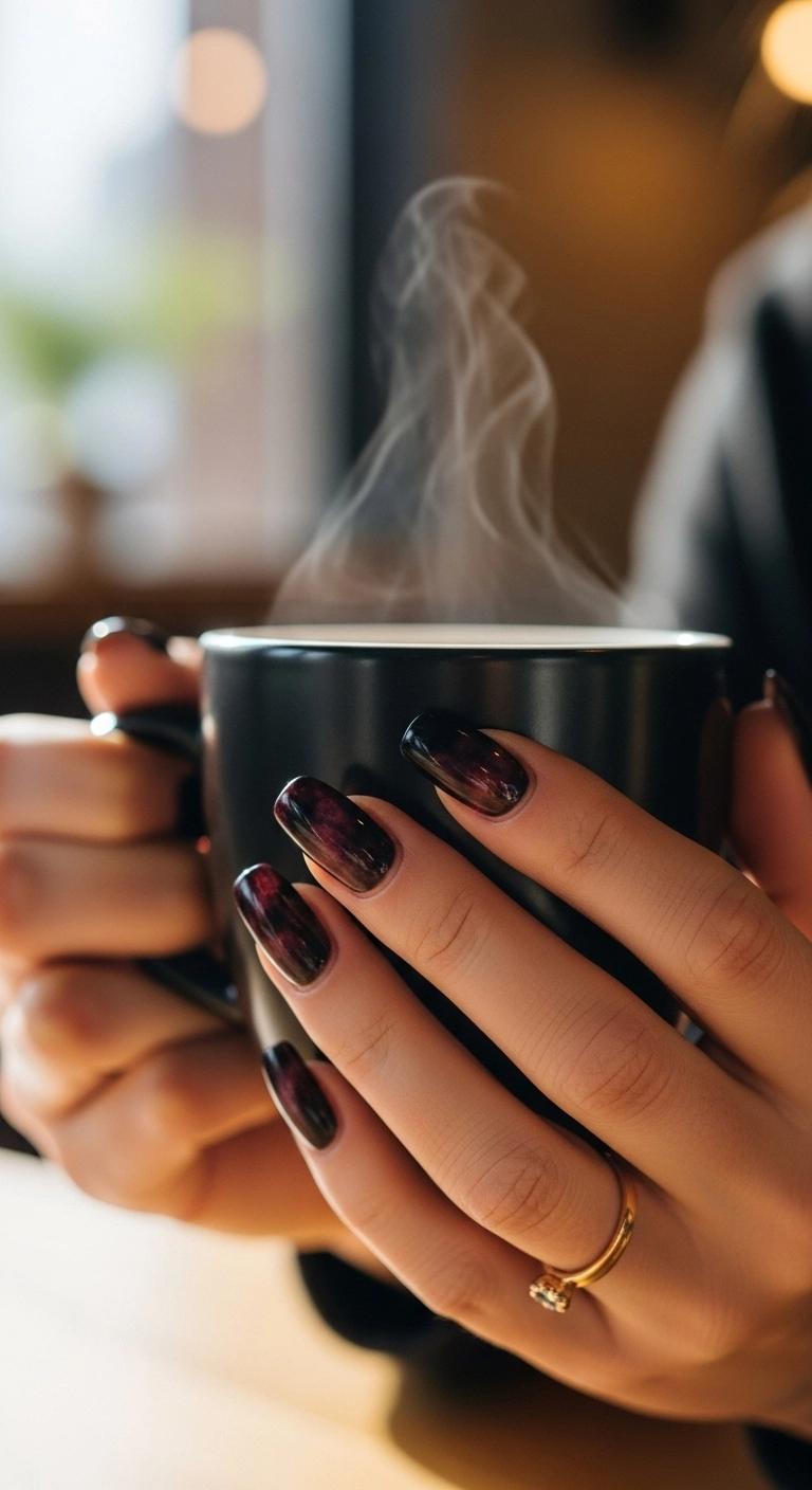 A woman's hands with short, glossy nails featuring a black and burgundy marble design.